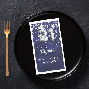 Serviette En Papier 21e anniversaire marine bleu argent étoiles