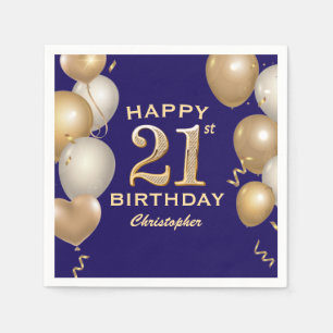 Serviette En Papier 21e Anniversaire Marine Bleu et Ballons d'or