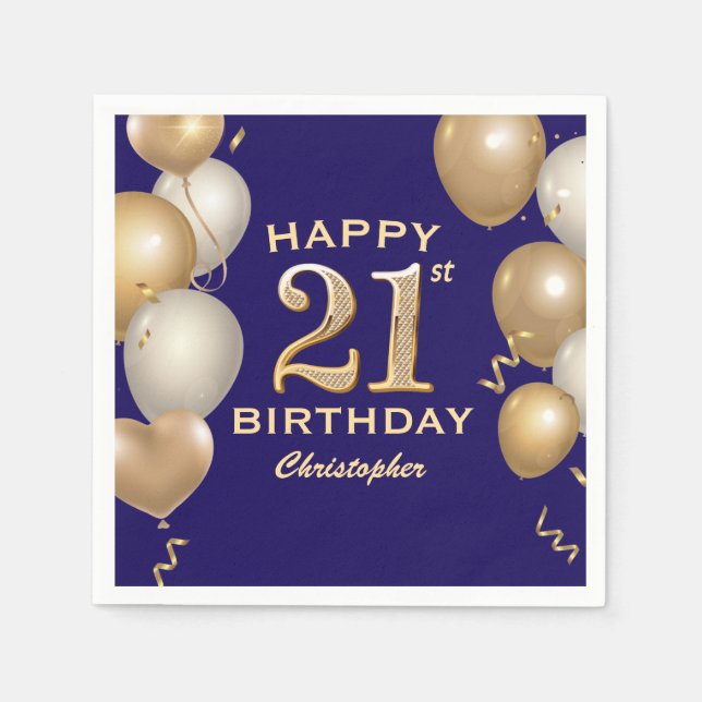 Serviette En Papier 21e Anniversaire Marine Bleu et Ballons d'or (Devant)