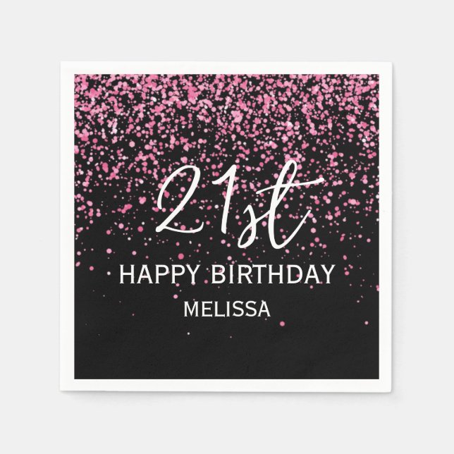Serviette En Papier 21e Anniversaire noir Parties scintillant rose cha (Devant)