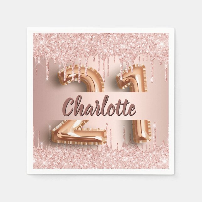 Serviette En Papier 21e anniversaire rose gouttes d'or (Devant)