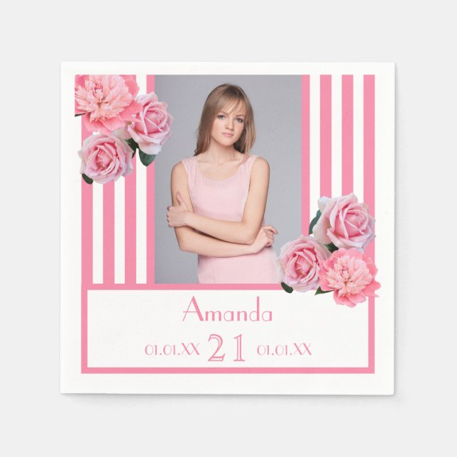 Serviette En Papier 21e anniversaire rose rayures fleurie nom photo (Devant)