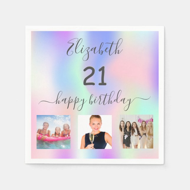 Serviette En Papier 21e anniversaire rose violet photo holographique (Devant)