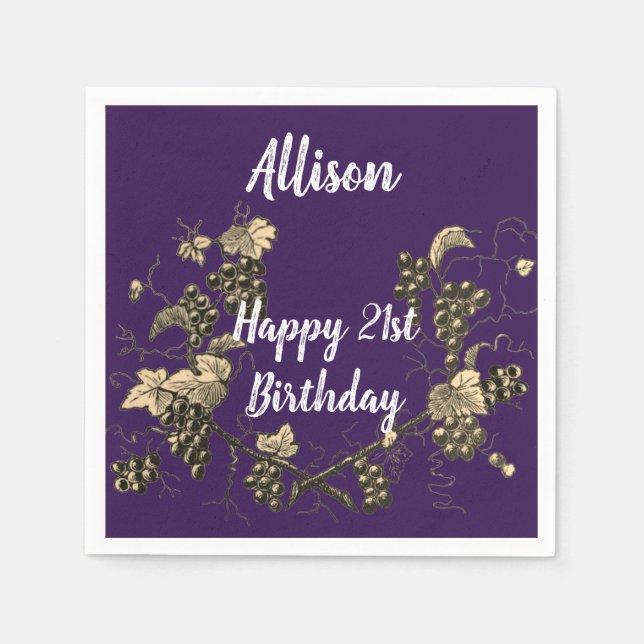 Serviette En Papier 21e Anniversaire Royal Purple Élégant Raisins Vint (Devant)