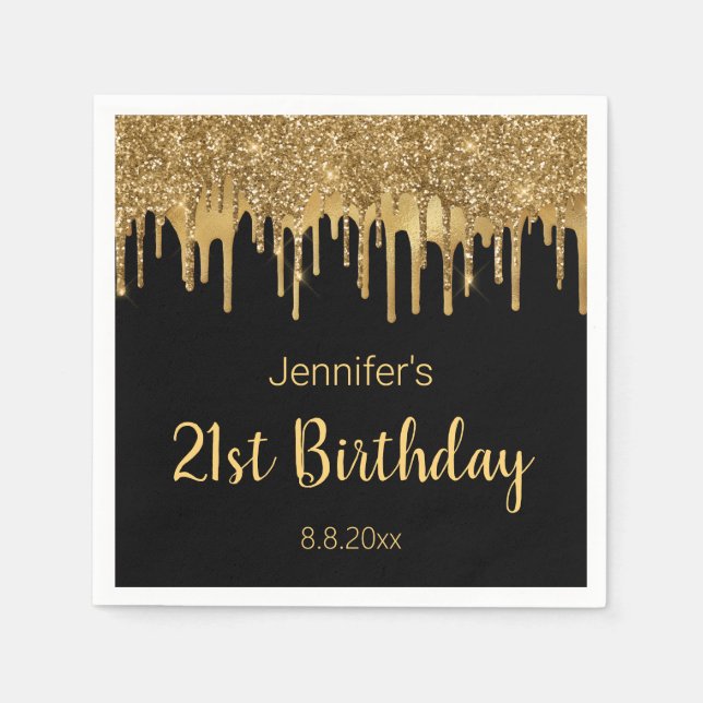 Serviette En Papier 21e joyeux anniversaire noir parties scintillant g (Devant)