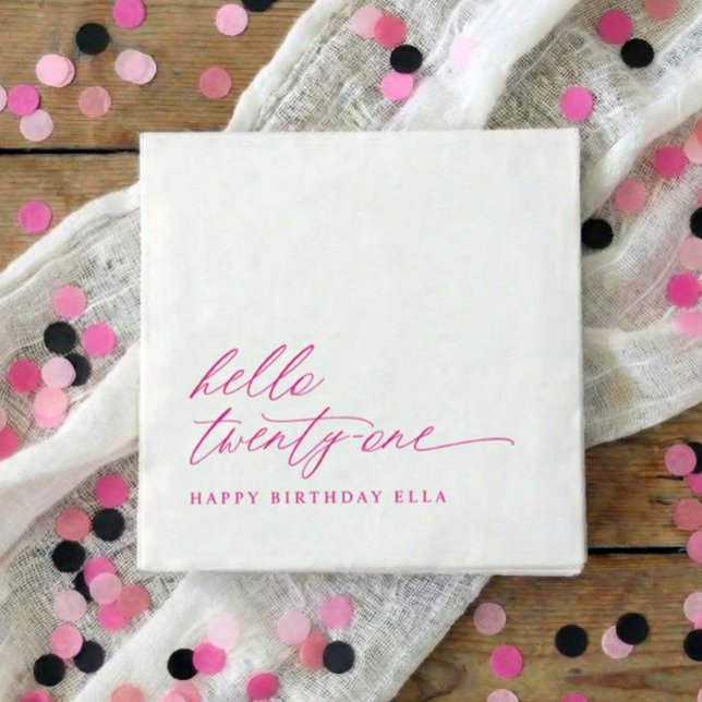 Serviette En Papier 21st Birthday Party Hello 21 Modern Hot Pink (Pink hello 21 minimalist script 21st birthday party napkins)