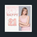 Serviette En Papier 21st birthday party rose gold photo diamonds<br><div class="desc">A napkin for a giry 21st birthday party. Template for your photo.  White background and the tex: Happy 21.  The text is written with a trendy faux rose gold balloon script/text. With faux rose gold colored diamonds.</div>