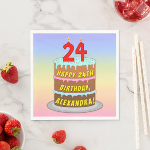 Serviette En Papier 24e anniversaire : Fun Cake and Candles + Nom pers