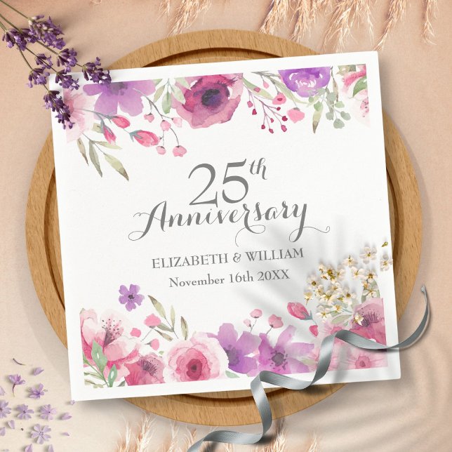 Serviette En Papier 25e anniversaire Aquarelle Rose verdure (25th Anniversary Watercolour Roses Greenery Napkins)