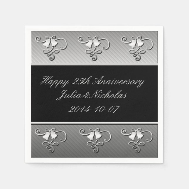 Serviette En Papier 25e anniversaire Argent et serviettes noires (Devant)