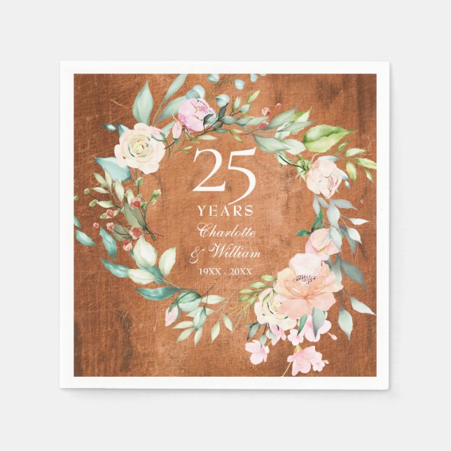 Serviette En Papier 25e anniversaire Boho Rustic Wood Roses Garland (Devant)