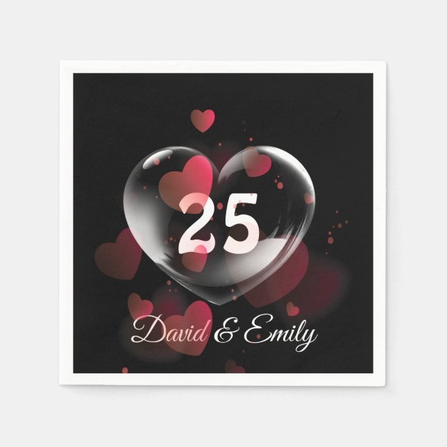 Serviette En Papier 25e Anniversaire Bulle cardiaque avec Coeurs rouge (Devant)