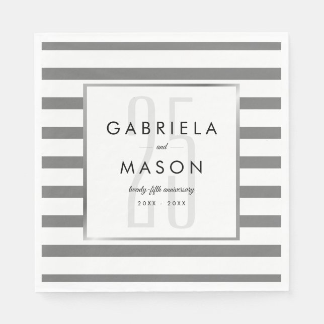 Serviette En Papier 25e Anniversaire de Mariage Classique Rayure Argen (Devant)
