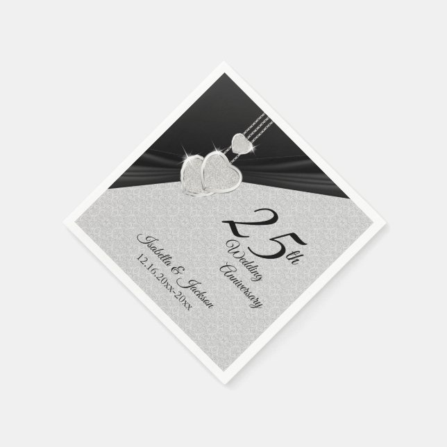 Serviette En Papier 25e anniversaire du Mariage gris et noir en argent (Coin)