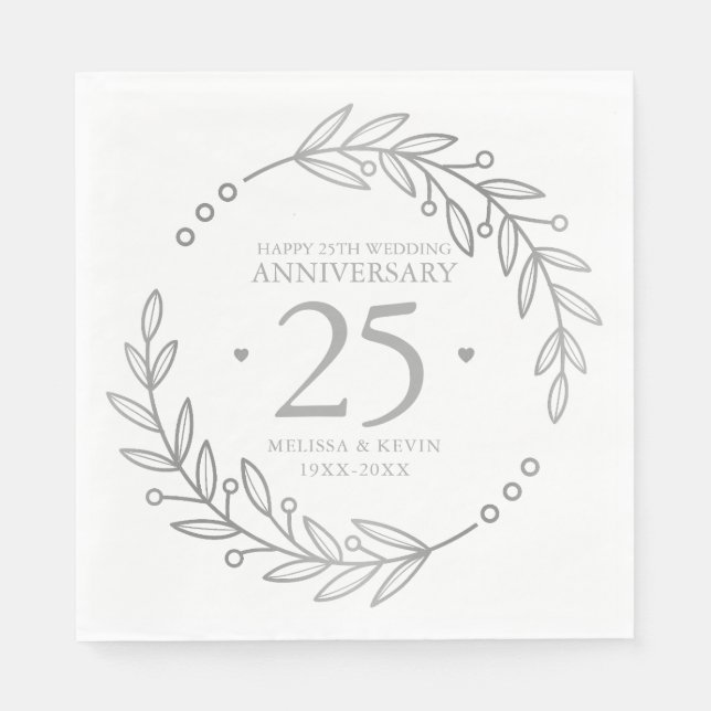 Serviette En Papier 25e anniversaire Mariage cadre botanique or (Devant)
