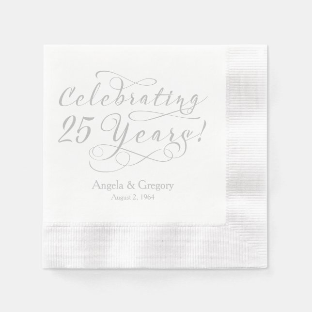 Serviette En Papier 25e anniversaire Mariage personnalisé Silver White (Devant)