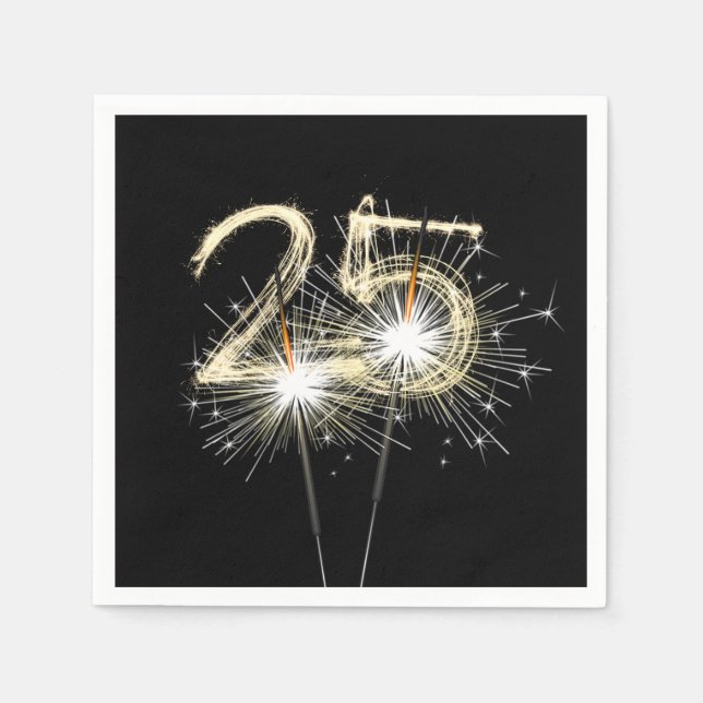 Serviette En Papier 25e anniversaire Sparklers de fête sur noir (Devant)