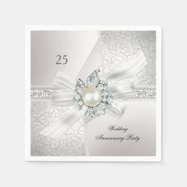 Serviette En Papier 25e Mariage Parti Pearl White Silver (Devant)