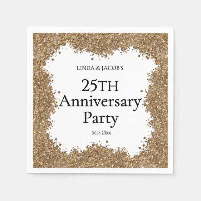 Serviette En Papier 25th Wedding Anniversary Gold Faux Glitter  (Devant)