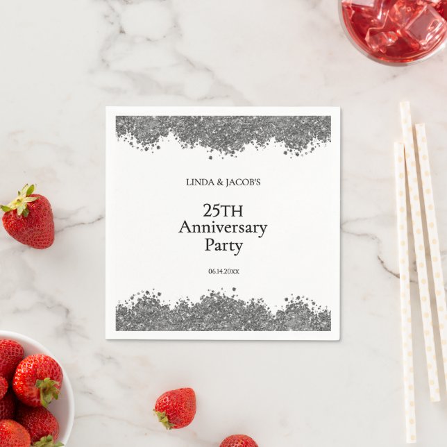 Serviette En Papier 25th Wedding Anniversary Silver Faux Glitter  (En situation)