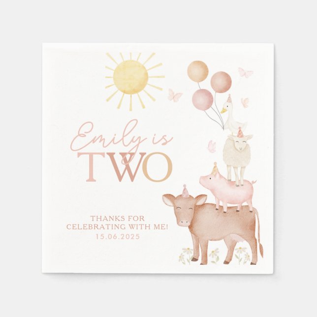 Serviette En Papier 2e anniversaire Animaux de ferme Barnyard Filles d (Devant)