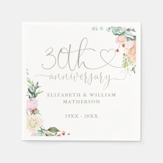 Serviette En Papier 30e anniversaire Cardiaque Rose floral (Devant)
