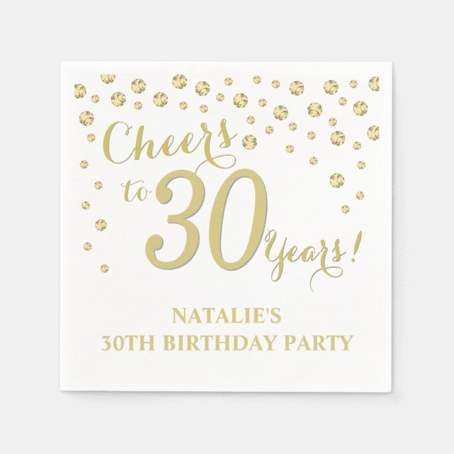 Serviette En Papier 30e anniversaire de fête Diamant blanc et or (Devant)