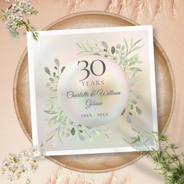 Serviette En Papier 30e Anniversaire de Mariage Aquarelle Verdure Perl (30th Wedding Anniversary Watercolor Greenery Pearl Napkins)