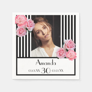 Serviette En Papier 30e anniversaire noir rayures rose floral photo