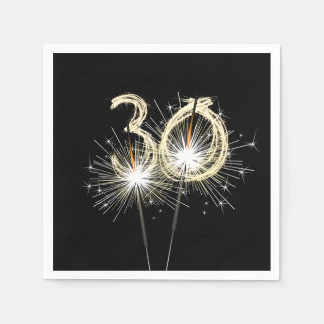 Serviette En Papier 30e anniversaire Sparklers de fête sur noir (Devant)