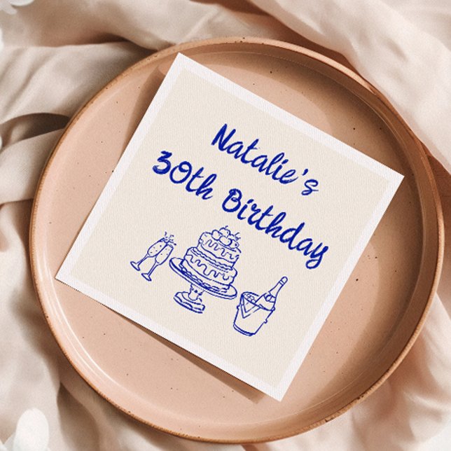 Serviette En Papier 30e Champagne de gâteau à main bleue Retro Anniver (Créateur téléchargé)