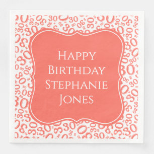 Serviette En Papier 30h Anniversaire Coral/Blanc Motif Numéro