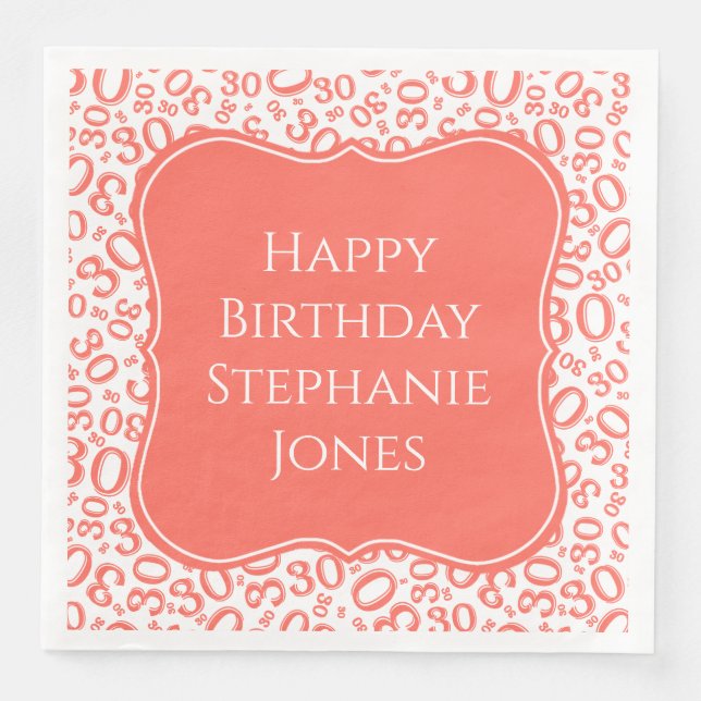Serviette En Papier 30h Anniversaire Coral/Blanc Motif Numéro (Devant)