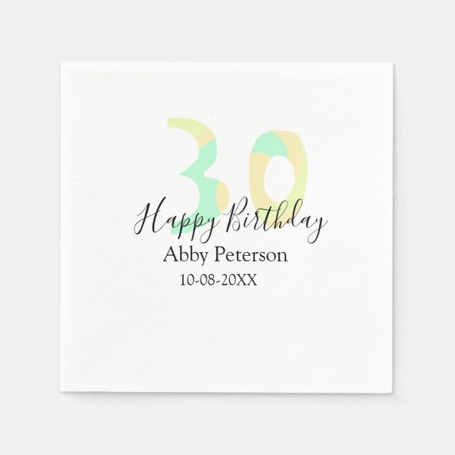 Serviette En Papier 30th birthday bold letter pastel yellow black retr (Devant)