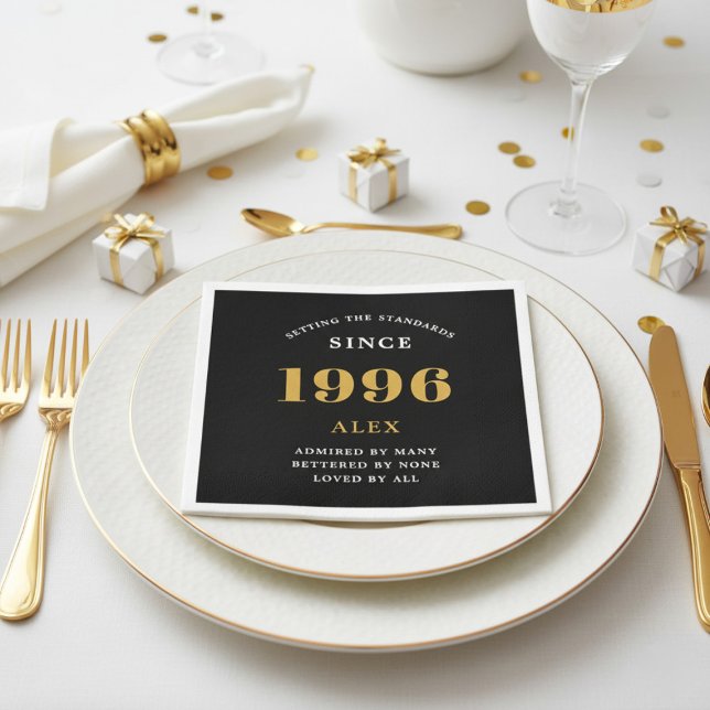 Serviette En Papier 30th Birthday Name 1996 Black Gold Elegant Chic (1996 paper napkin on a plate.)