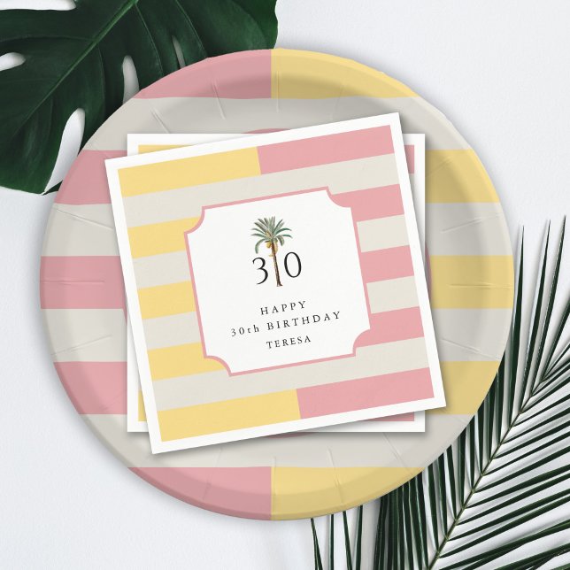 Serviette En Papier 30th Birthday Palm Beach Pastel Stripe Tropical (Créateur téléchargé)