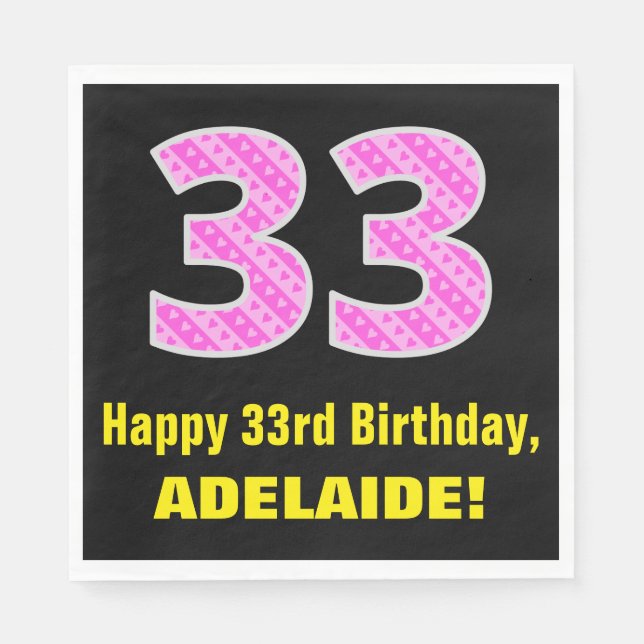 Serviette En Papier 33e anniversaire : Pink Stripes and Hearts "33" +  (Devant)