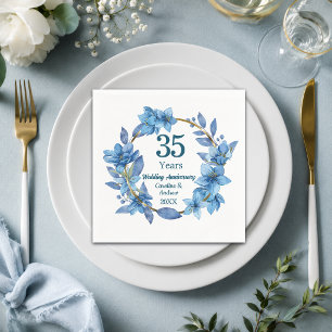 Serviette En Papier 35e Anniversaire de Mariage Fleurs Bleues Corail