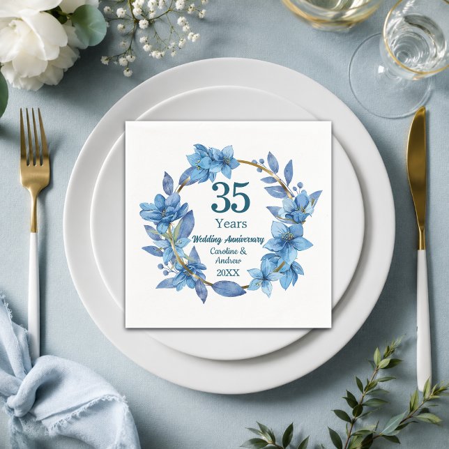 Serviette En Papier 35e Anniversaire de Mariage Fleurs Bleues Corail  (Créateur téléchargé)