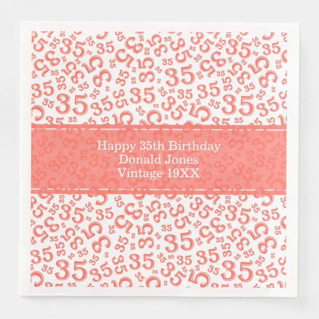 Serviette En Papier 35e anniversaire Numéro d'âge Coral Motif/Blanc (Devant)