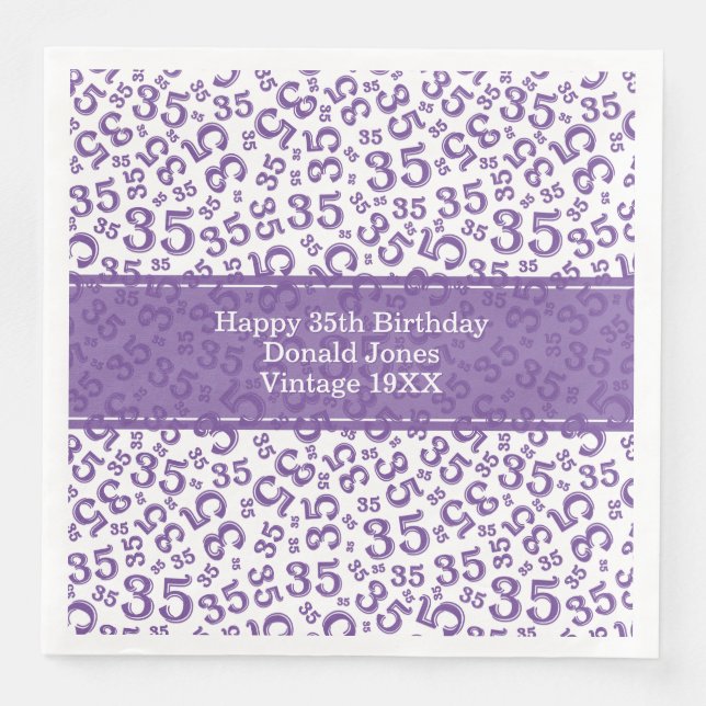 Serviette En Papier 35e anniversaire Numéro d'âge Motif pourpre/blanc (Devant)