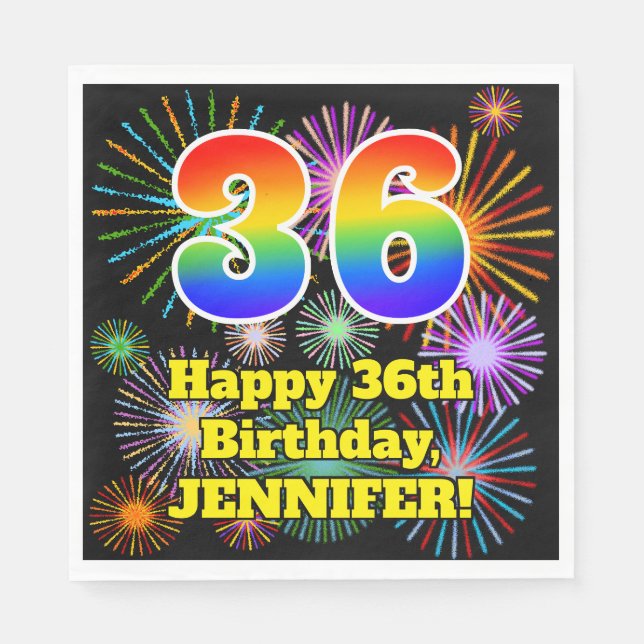 Serviette En Papier 36th Birthday: Fun Fireworks Pattern + Rainbow 36 (Devant)