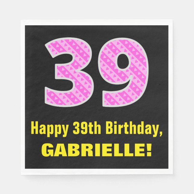 Serviette En Papier 39e anniversaire : Pink Stripes and Hearts "39" +  (Devant)