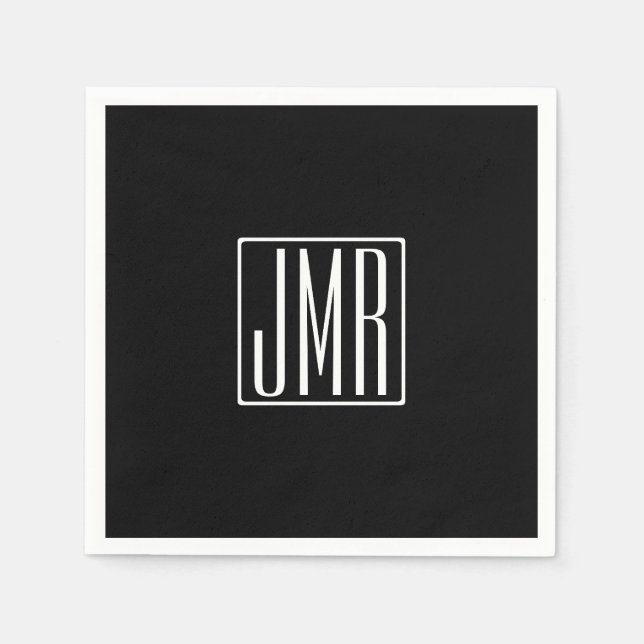 Serviette En Papier 3 Initiales Monogramme | Noir & Blanc (ou couleur  (Devant)