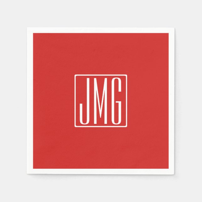 Serviette En Papier 3 Initiales Monogramme | Rouge & Blanc (ou couleur (Devant)