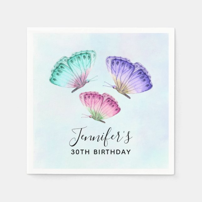 Serviette En Papier 3 Mignons Papillons Pastel Aquarelle Colorée (Devant)