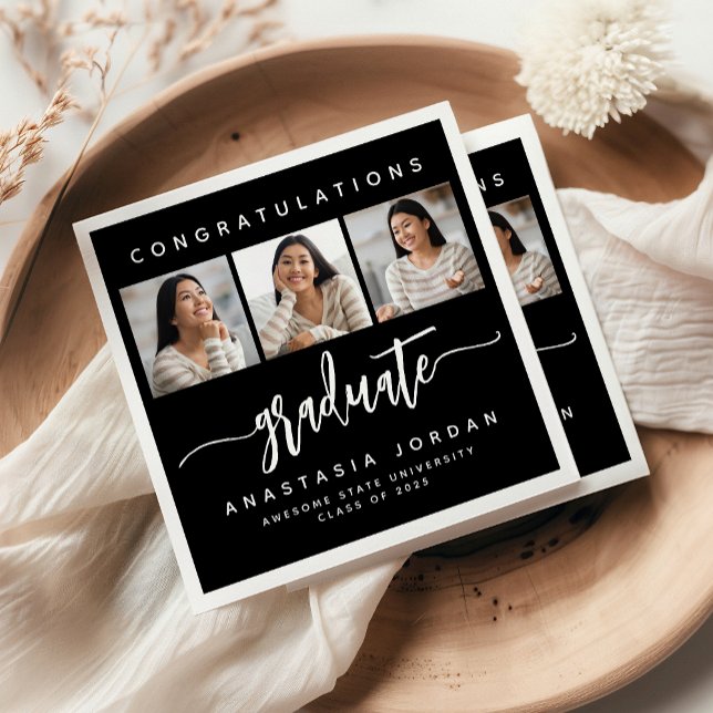 Serviette En Papier 3-Photo Black White Félicitations Diplômé 2025 (Créateur téléchargé)
