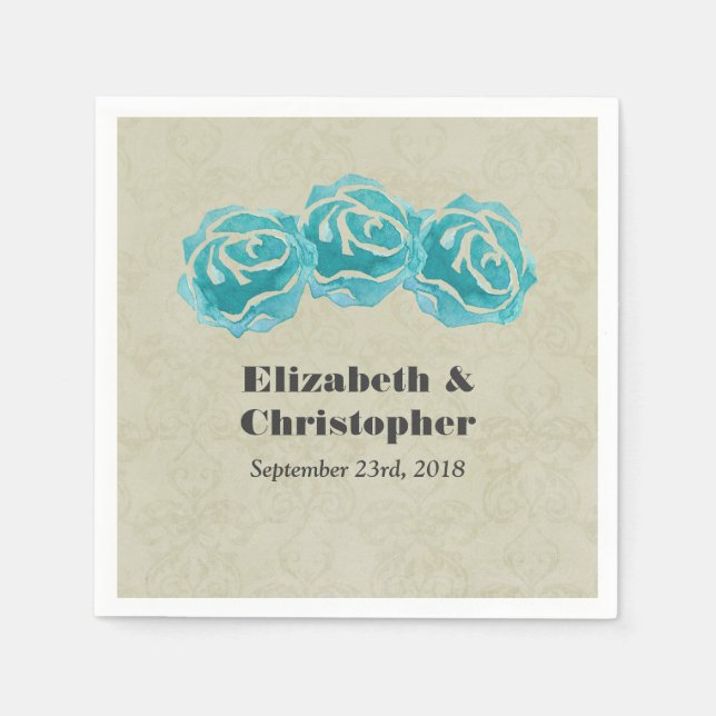 Serviette En Papier 3 Roses Turquoises d'aquarelle sur Tan Mariage dam (Devant)