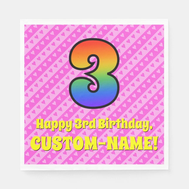 Serviette En Papier 3e anniversaire : Pink Stripes & Hearts, Rainbow # (Devant)