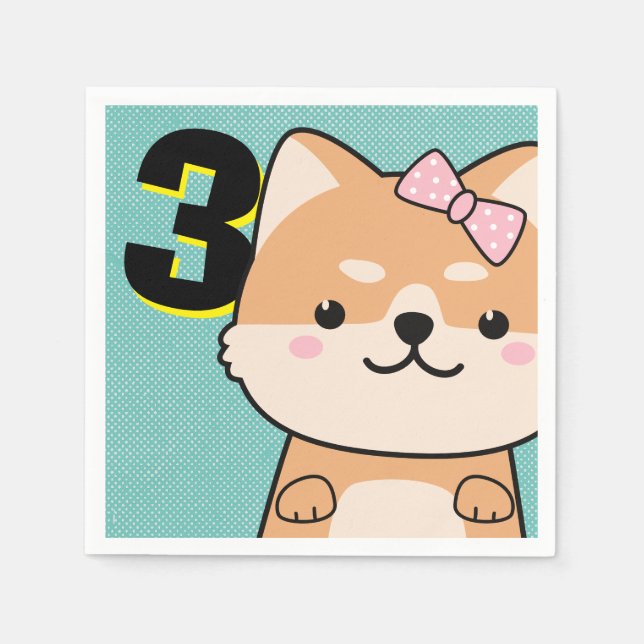 Serviette En Papier 3ème anniversaire de fête Cute Shiba Inu Puppy Yuk (Devant)